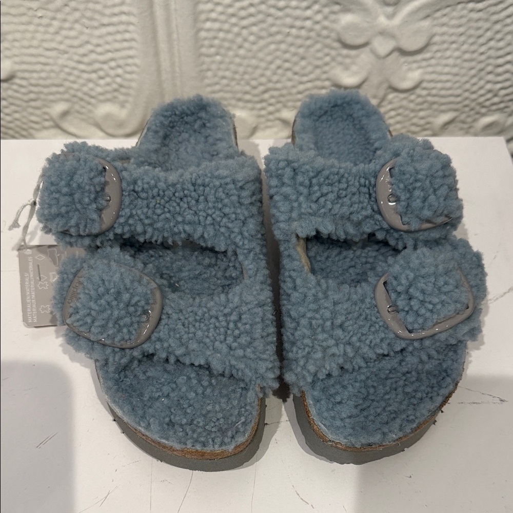 NWT Papillio Birkenstock Fuzzy Dual-Buckle Sandals in Dusty Blue